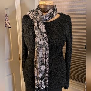 Floral Black and Gray Burned Out Silk Scarf